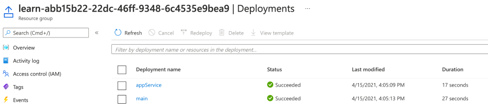 Screenshot of the Azure portal interface for the deployments, with the two deployments listed and succeeded statuses.
