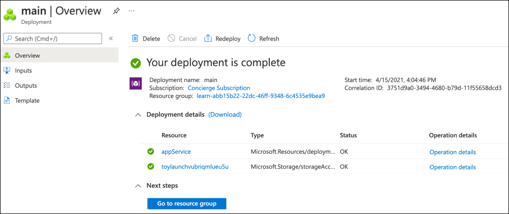 Screenshot of the Azure portal interface for the specific deployment, with one resource listed.
