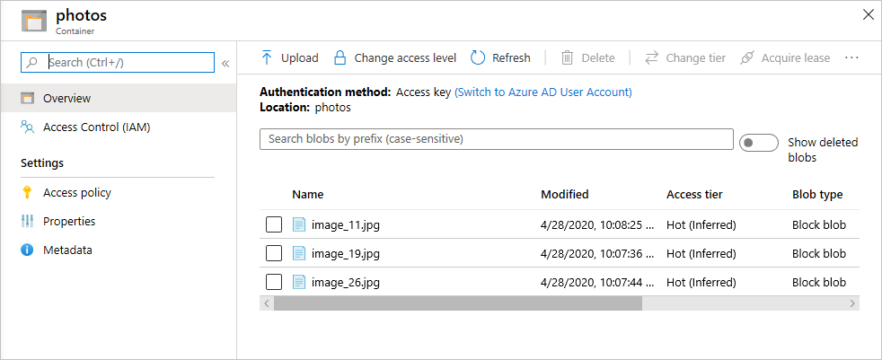 Screenshot that shows images uploaded to the photos container.