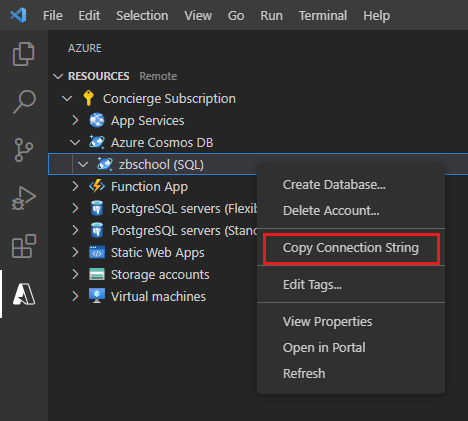 Screenshot of Azure Databases extension pane in Visual Studio Code. The user is copying the connection string for the Azure Cosmos DB account to the clipboard.