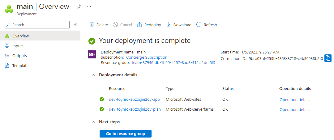 Screenshot of the Azure portal interface for the specific deployment, with an App Service plan and app listed.