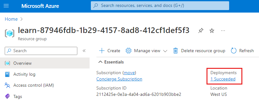 Screenshot of the Azure portal interface for the resource group overview, with the deployments section showing that one succeeded.