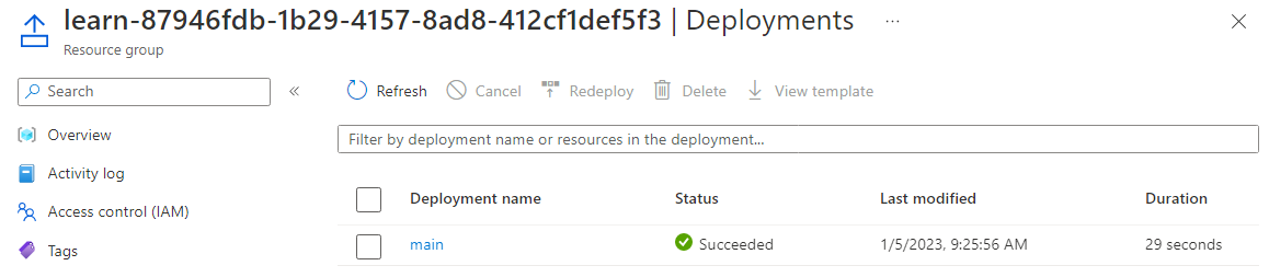 Screenshot of the Azure portal interface for the deployments, with the one deployment listed and a succeeded status.