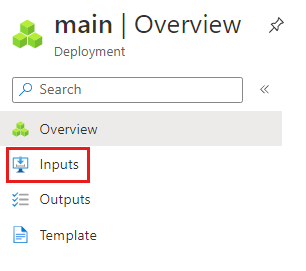 Screenshot of the Azure portal interface for the specific deployment, with the 'Inputs' menu item highlighted.
