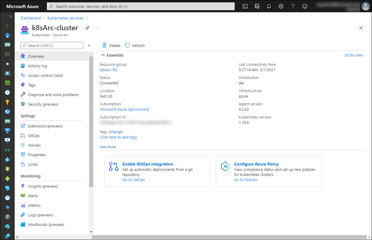 Screenshot that depicts the **Overview** blade of the Kubernetes-Azure Arc cluster.