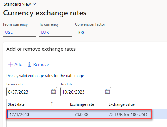 Screenshot of the Currency exchange rates page for this example.