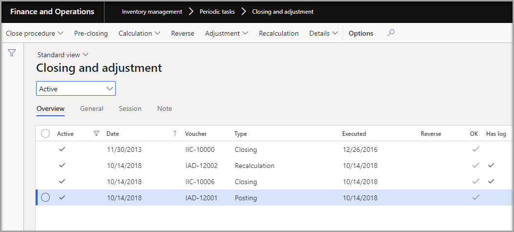 Screenshot of the Closing and adjustment page.