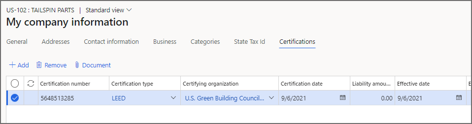 Screenshot of the Certifications tab of the Vendor Information workpace.