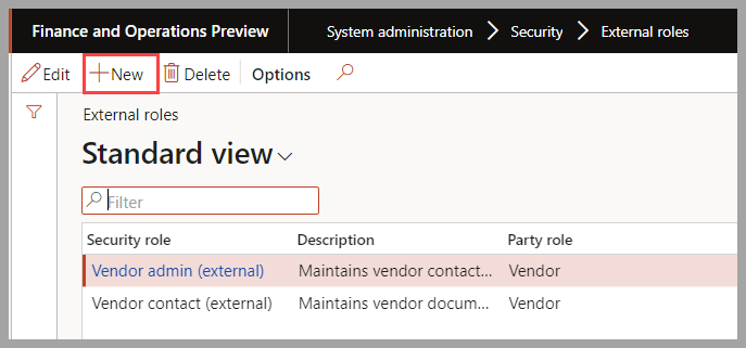 Screenshot of the External roles page to set up security roles.