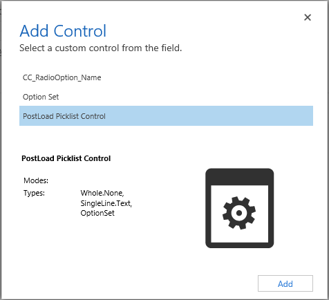 Screenshot of the Add Control window with PostLoad Picklist Control selected.