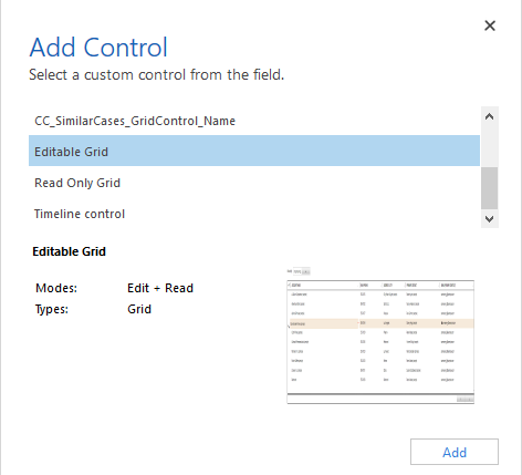 Screenshot of Add Control window with Editable Grid selected.