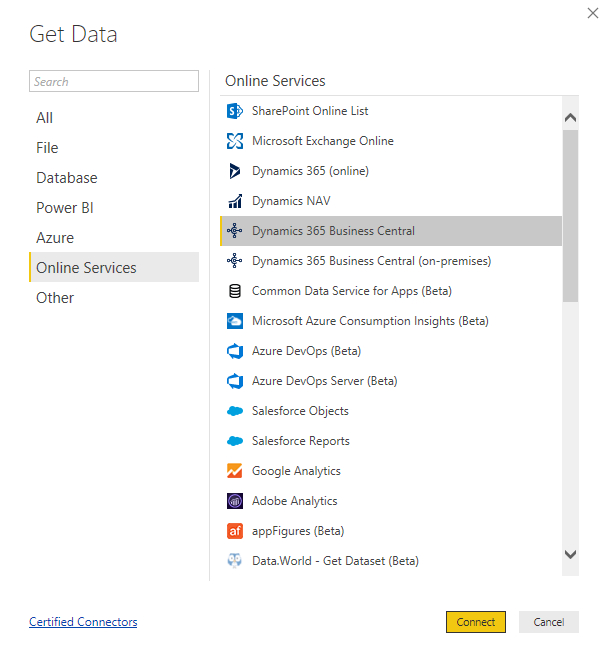Screenshot of Online Services with Dynamics 365 Business Central selected.