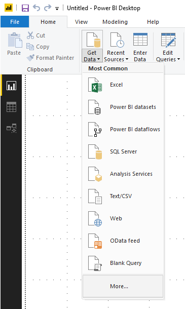 Screenshot of the Power BI Desktop Get Data feature.