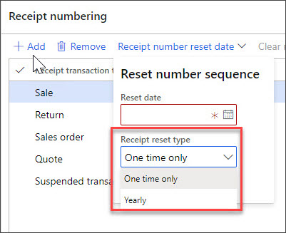  Screenshot of the Dynamics 365 Commerce Receipt numbering grid.