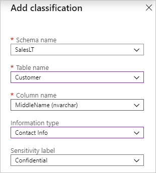 Screenshot of the Add classification pane, with the previously mentioned fields called out.