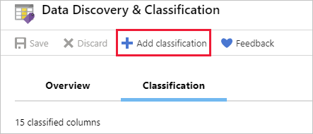 Screenshot of the Data discovery and classification pane with Add classification selected.