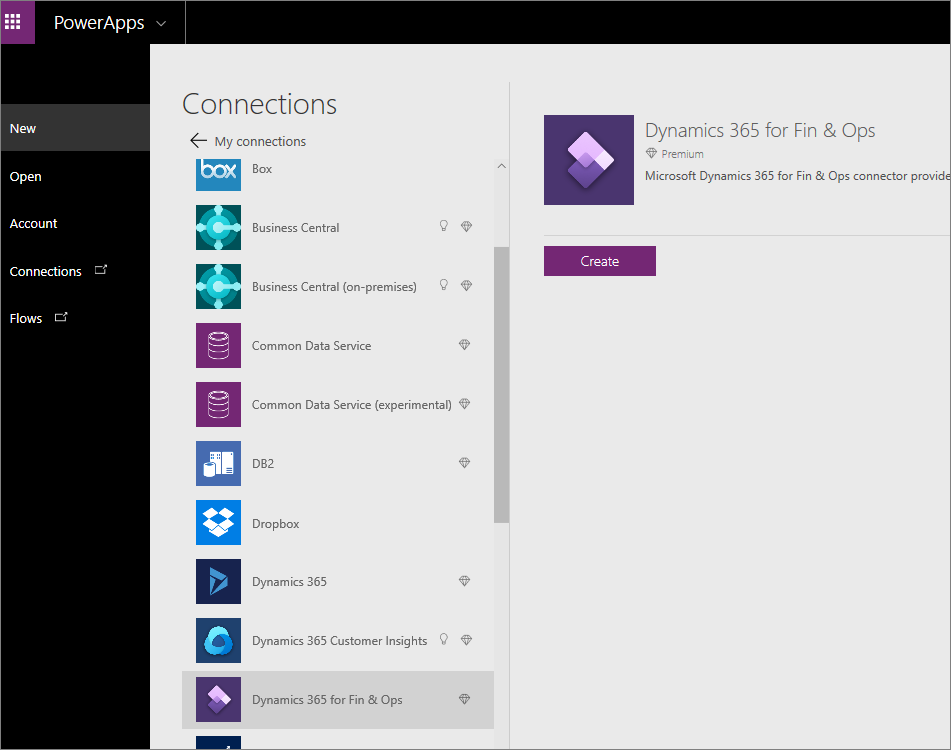 Screenshot showing how to set up a new connection to Dynamics 365 Finance using Power Apps.