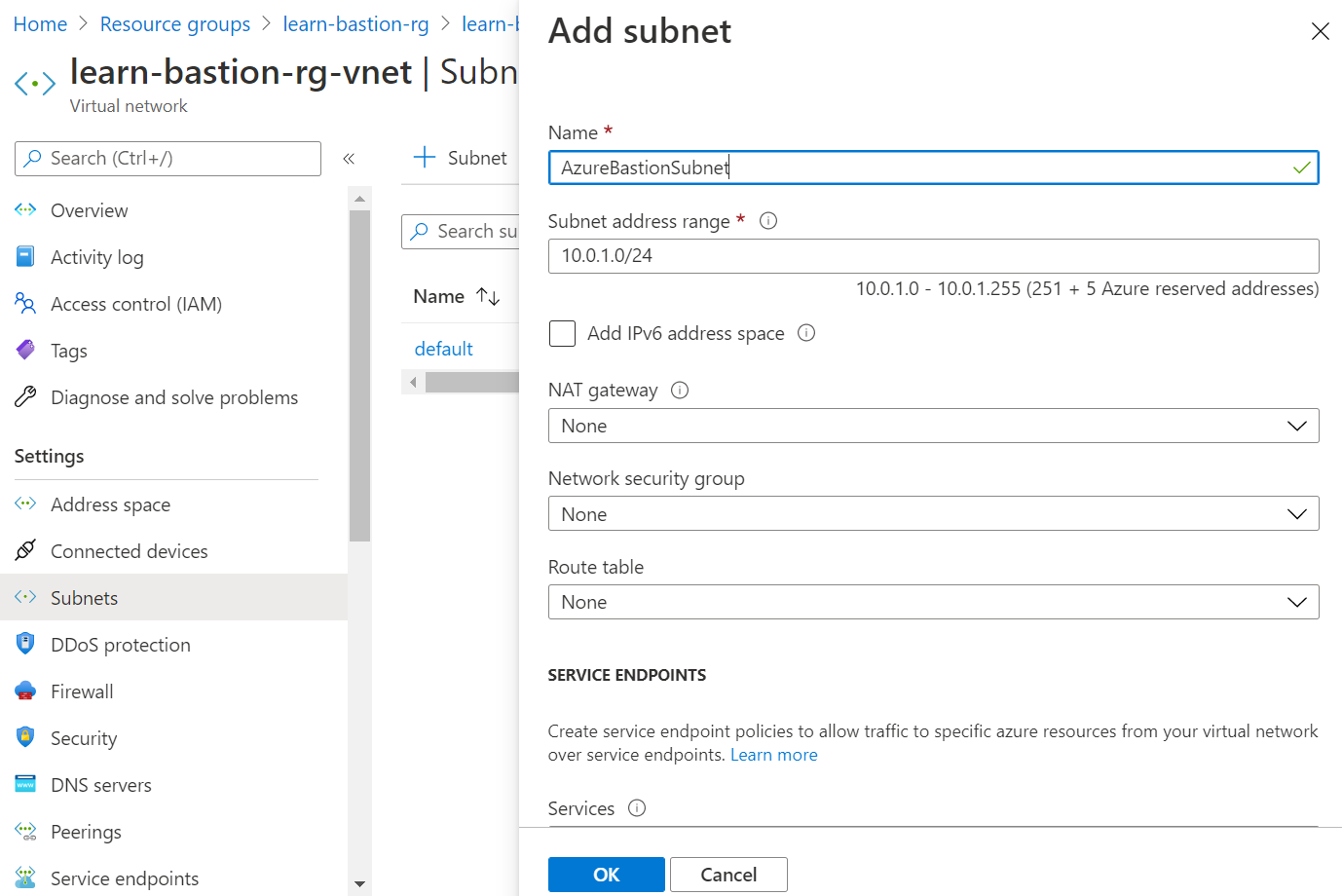 Screenshot of the Add subnet page where the subnet name is AzureBastionSubnet.