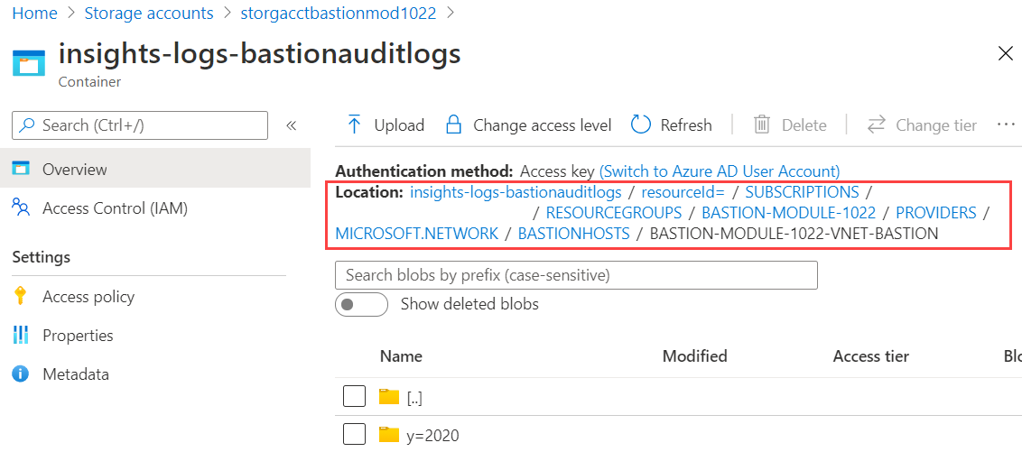 Screenshot of the insights logs for Azure Bastion that shows the folder location level is at the Azure Bastion host resource.