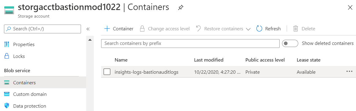 Screenshot of a storage account with a container called insights-logs-bastionauditlogs.