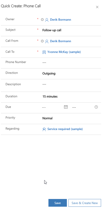 Screenshot of the Quick Create: Phone Call dialog box.