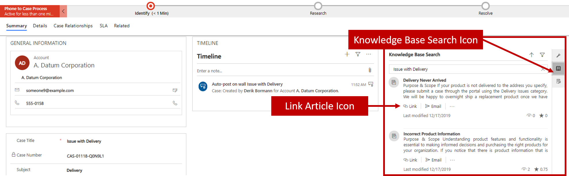 Screenshot of the Related section with Knowledge Base Search Icon and Link Article Icon.