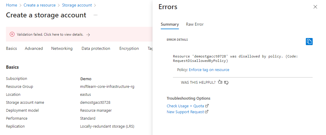 Screenshot of Azure portal showing a policy validation failure on a new storage account without a tag.