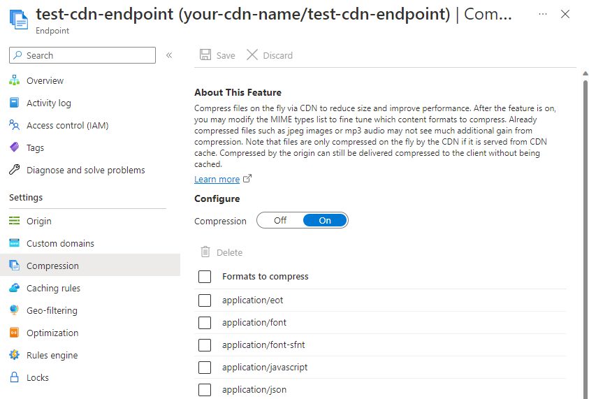 Screenshot of the compression settings page for a CDN profile.