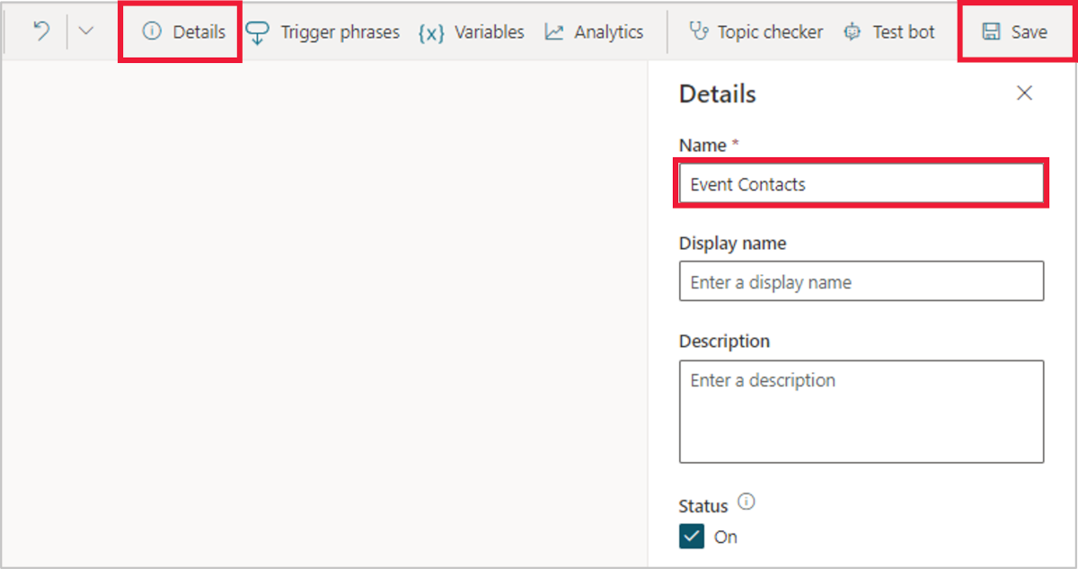 Screenshot of the Details pane highlighting the name entry field and the save button.