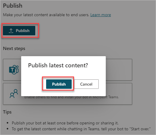 Screenshot of the Publish latest content message.