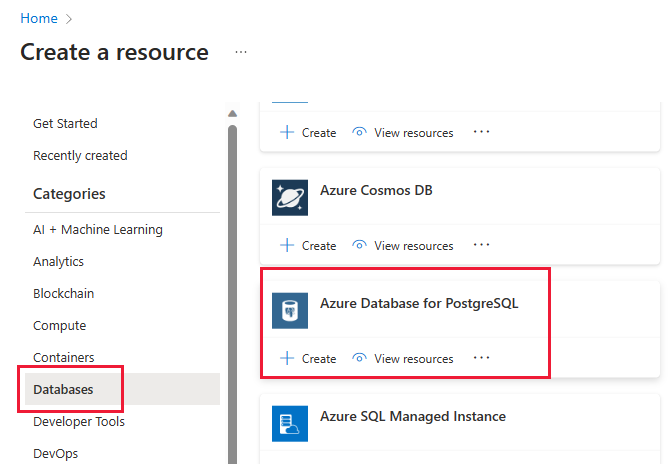 Screenshot shows the create option for Azure Database for PostgreSQL.