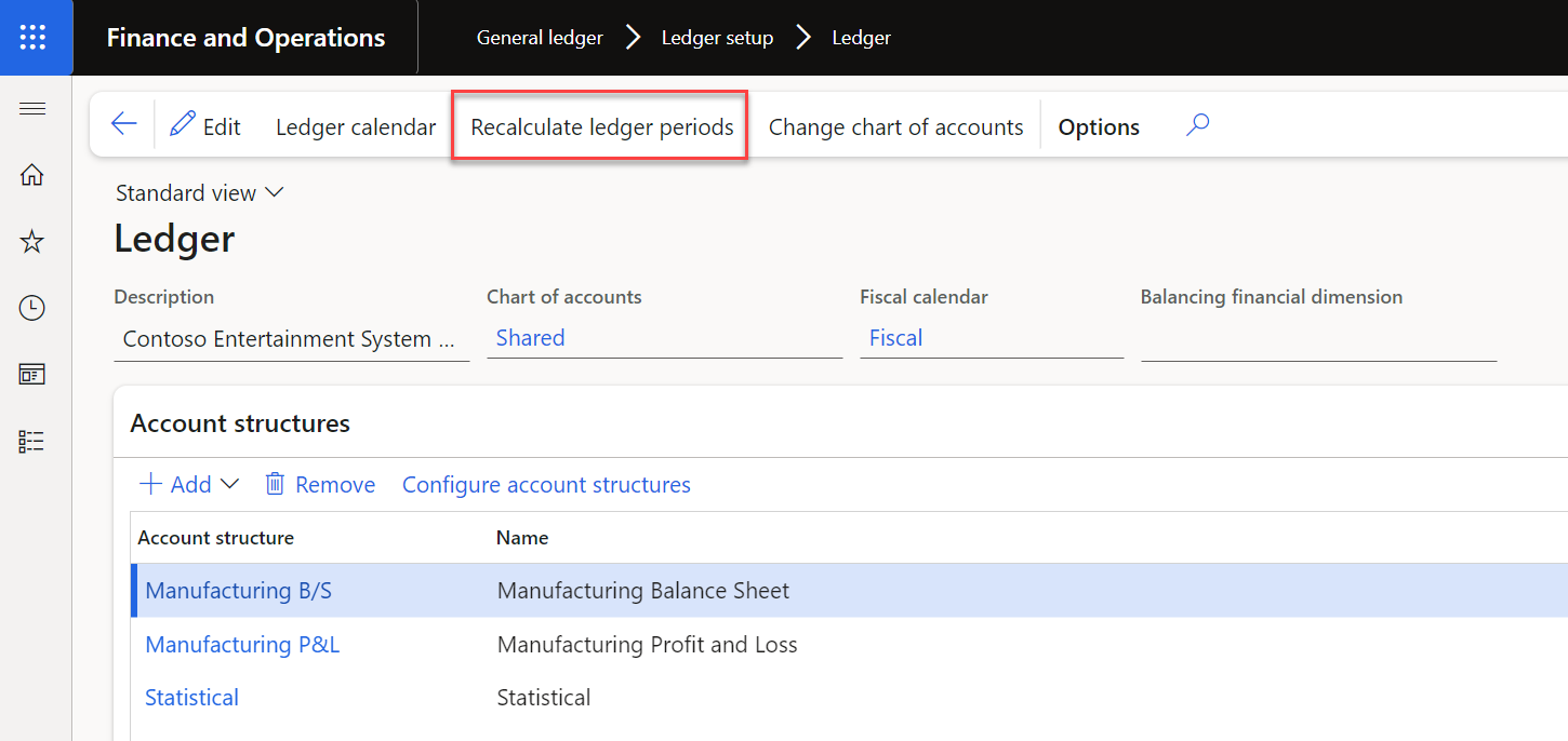 Screenshot of the Recalculate ledger periods page.