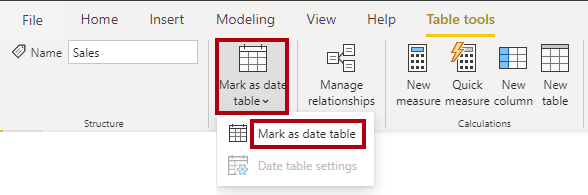 Screenshot that shows how to Mark as Date Table.