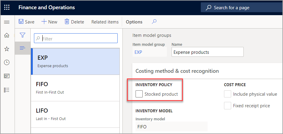 Screenshot of the Item model groups page highlighting the Stocked product checkbox.