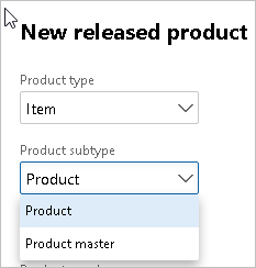 Screenshot of the Product subtype dropdown list.