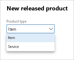 Screenshot of the Product type dropdown list.