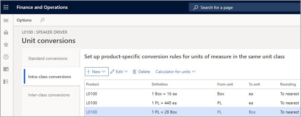 Screenshot of the Unit conversions page.