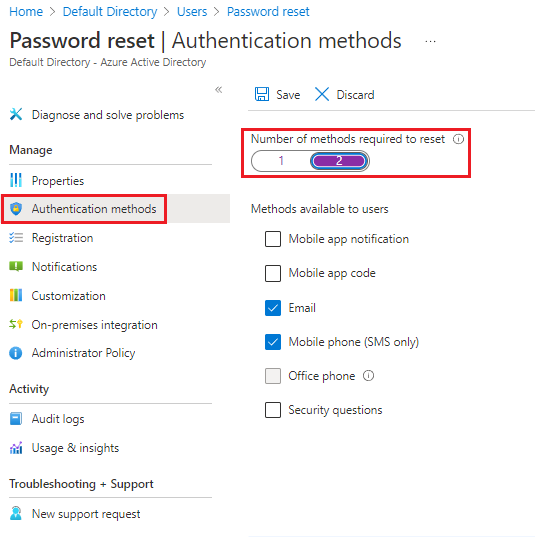 Screenshot of the Azure portal that shows the Microsoft Entra password reset authentication methods pane with number of methods required to reset set to 2.