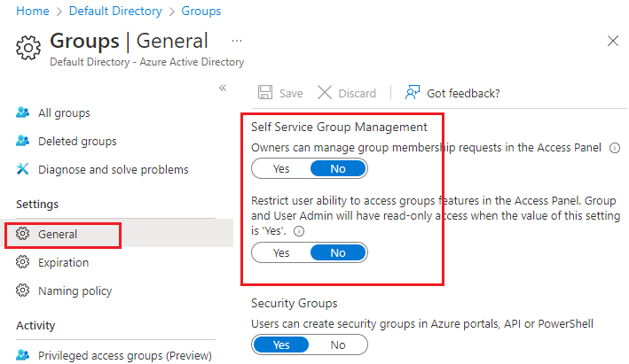 Screenshot that shows Microsoft Entra self-service group options set to No.