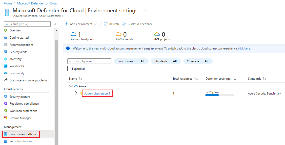 Screenshot that shows the environment settings for Defender for Cloud.