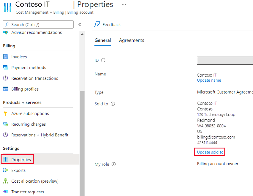 Screenshot that shows the Properties pane with contact information and the Update sold to link selected.