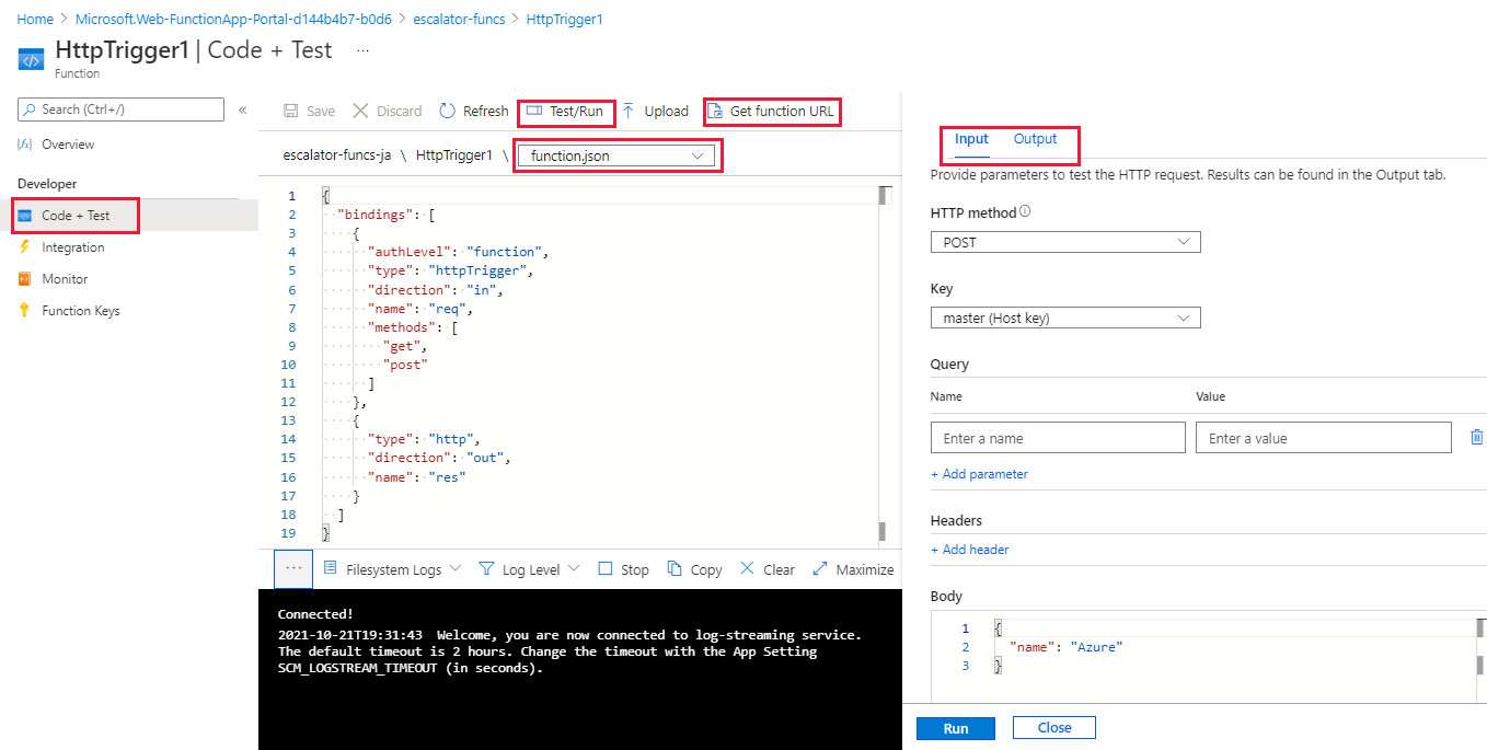 Screenshot of the Azure portal showing the function editor blade, including the expanded View files menu, with the selected "HttpTriggerJS1" function in our app service navigation and the View files menu highlighted.
