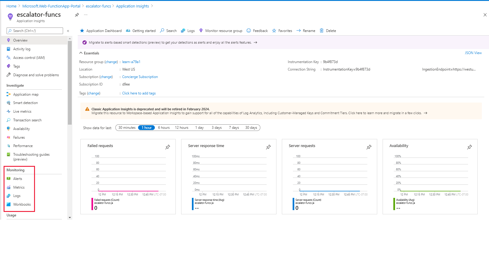 Screenshot showing the HTTP function Application Insights dashboard with function results, corresponding HTTP status codes, and the Monitoring menu items highlighted.