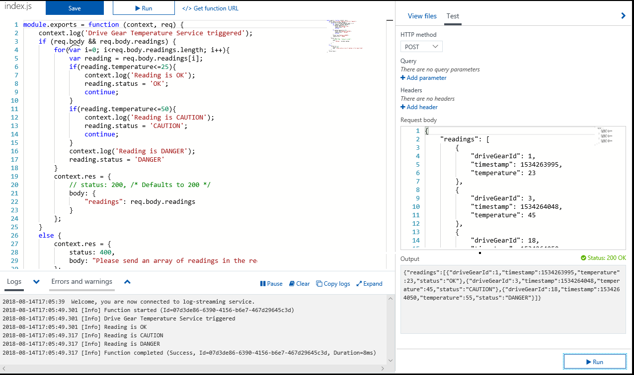 Screenshot of the Azure function editor, with the Test and Logs tabs showing.