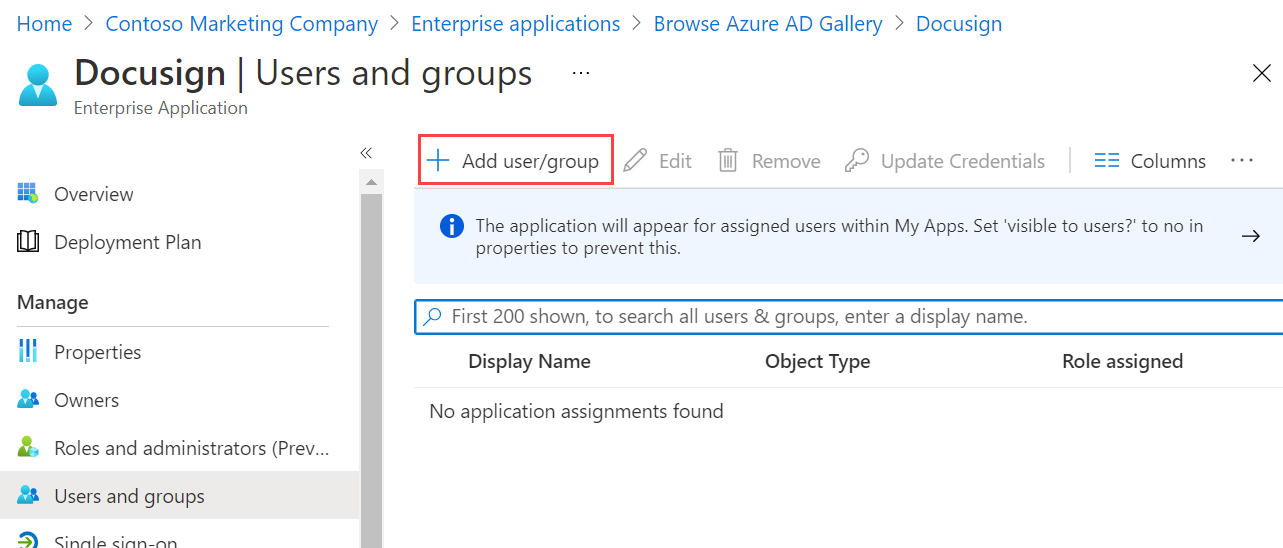 Screenshot that shows the Docusign application user and groups page.