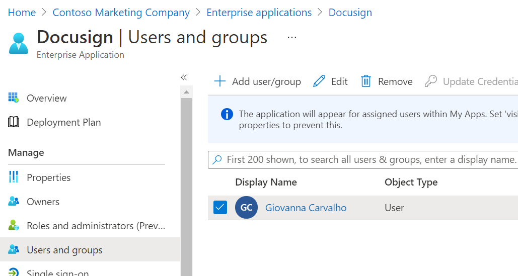 Screenshot that shows the user selected on the users and groups page.
