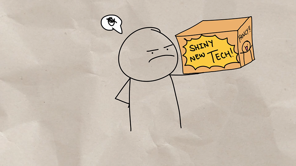 Illustration of an angry and frustrated person holding a box labeled 'shiny new tech! fancy!'