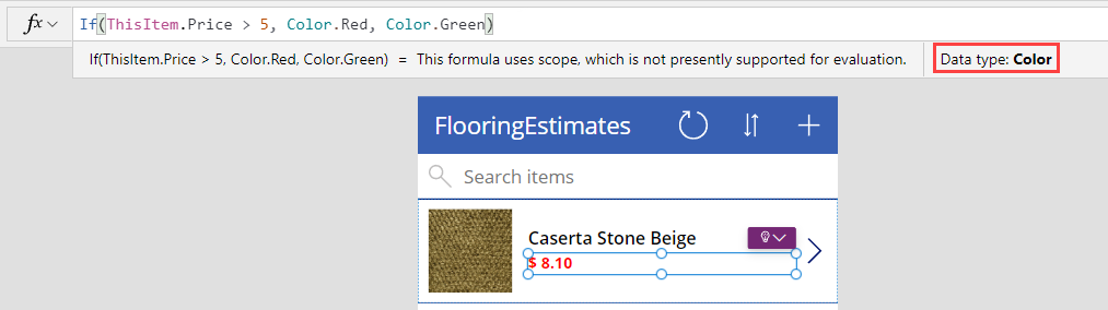 Screenshot of the formula for the color property screen.
