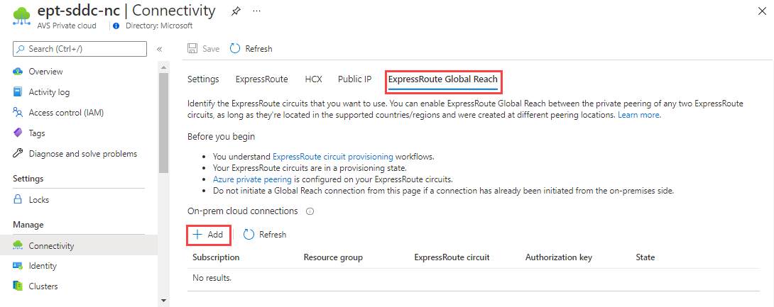 Screenshot of the Azure portal fields for configuring ExpressRoute and adding the authorization key.