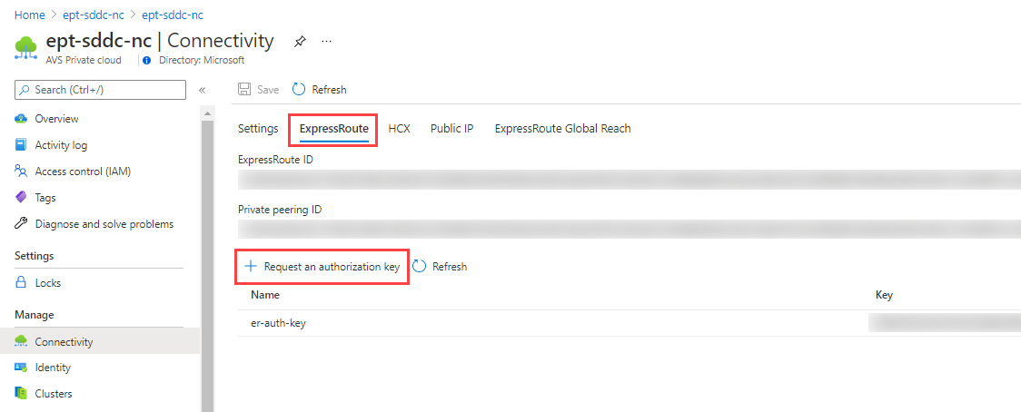 Screenshot of the Azure portal showing how to request an authorization key for an ExpressRoute circuit.